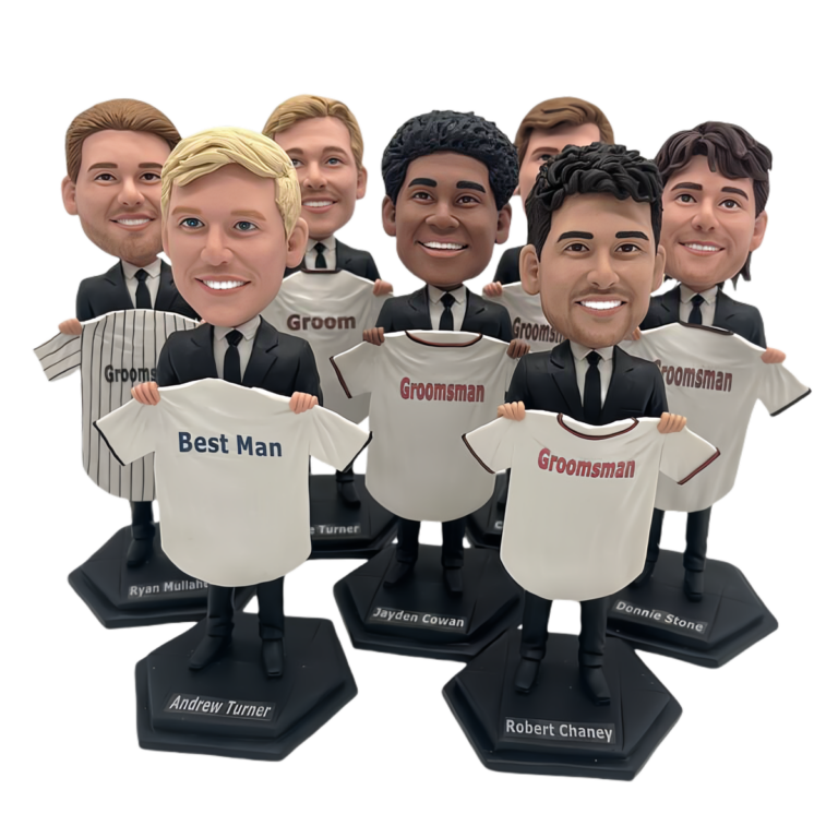 Baseball Team Fans Groomsmen Gifts  – Grooomsmen Holding Their Own Jersey Bobbleheads